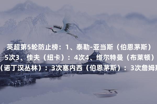 英超第5轮防止榜：1、泰勒-亚当斯（伯恩茅斯）：5次罗梅罗（热刺）：5次3、佳夫（纽卡）：4次4、维尔特曼（布莱顿）：3次内科-威廉姆斯（诺丁汉丛林）：3次塞内西（伯恩茅斯）：3次詹姆斯-加纳（埃弗顿）：3次巴法德-迪亚基特（伯恩茅斯）：3次凯塞多（切尔西）：3次科纳-布拉德利（利物浦）：3次    体育录像/图片